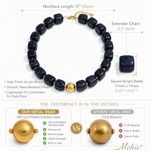 Mchic Colorful Beaded Choker Necklace for Women: Boho Large Square Acrylic Beaded Necklace Stainless Steel Adjustable Surfer Beach Strand Necklaces Summer Handmade Jewelry Gift for Women - color: Black