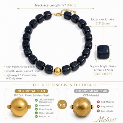 Mchic Colorful Beaded Choker Necklace for Women: Boho Large Square Acrylic Beaded Necklace Stainless Steel Adjustable Surfer Beach Strand Necklaces Summer Handmade Jewelry Gift for Women - color: Black