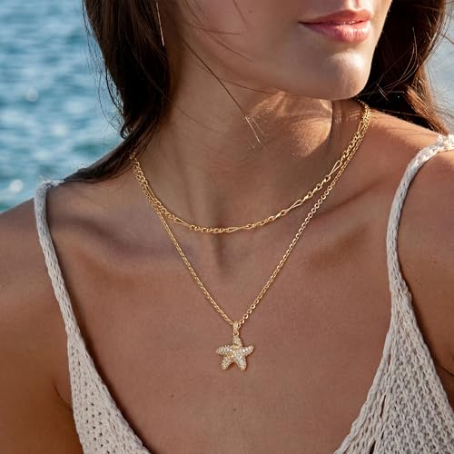 MTMY Gold Starfish Necklace 14K Gold Plated Shell Conch Ocean Pendant Necklace for Women Beach Summer Jewelry - style: cz wave starfish