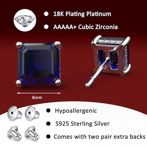 Asscher Cut Cubic Zirconia Stud Earrings for Men Women | Square CZ Simulated Diamond Studs, 18K White Gold Plated Sterling Silver - color: Blue, size: 8MM