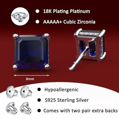 Asscher Cut Cubic Zirconia Stud Earrings for Men Women | Square CZ Simulated Diamond Studs, 18K White Gold Plated Sterling Silver - color: Blue, size: 8MM