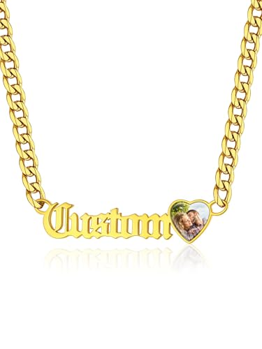 GoldChic JEWELRY Name Necklace Personalized for Men, Womens Custom Name Plate Chain, Stainless Steel Customized Old English Nameplate Choker with Curb Chains Custom, 16 inches to 30 inches - color: Photo & Cuban Chain 6 mm -Gold