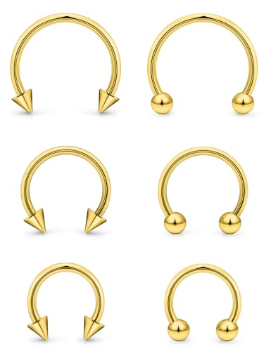 6PCS Septum Rings 18G Stainless Steel Nose Septum Ring Horseshoe Earring Eyebrow Lip Smiley Piercing Jewelry for Women Men Inner Diameter 8mm/10mm/12mm - color: goldtone,ball+spike closure