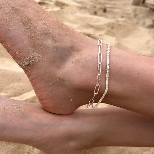 Freekiss Sparkle Glitter Waterproof Ankle Bracelets for Women Trendy | Dainty Layered Anklet for Women Adjustable Womens Anklet Set Stackable Beaded Cuban Link Anklets Beach Jewelry for Women - color: 2 Layered Anklet Paperclip-SL