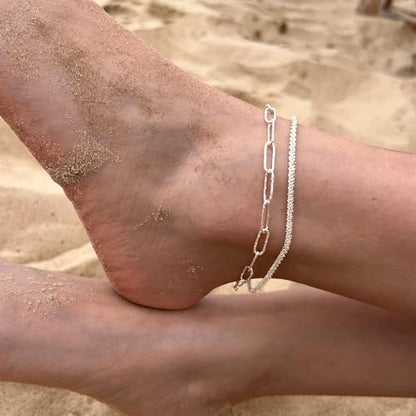 Freekiss Sparkle Glitter Waterproof Ankle Bracelets for Women Trendy | Dainty Layered Anklet for Women Adjustable Womens Anklet Set Stackable Beaded Cuban Link Anklets Beach Jewelry for Women - color: 2 Layered Anklet Paperclip-SL