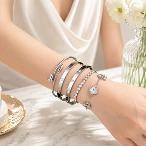 18K Gold Plated Love Bangle Bracelet Stack for Women, Adjustable Clover Bracelet & CZ Tennis Chain Set, Stackable Layered Jewelry, Fade Resistant, Long-Lasting Luster for Daily Wear & Gift - color: 5Pcs Silver