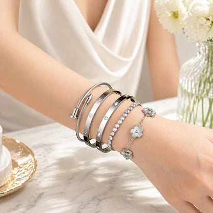18K Gold Plated Love Bangle Bracelet Stack for Women, Adjustable Clover Bracelet & CZ Tennis Chain Set, Stackable Layered Jewelry, Fade Resistant, Long-Lasting Luster for Daily Wear & Gift - color: 5Pcs Silver