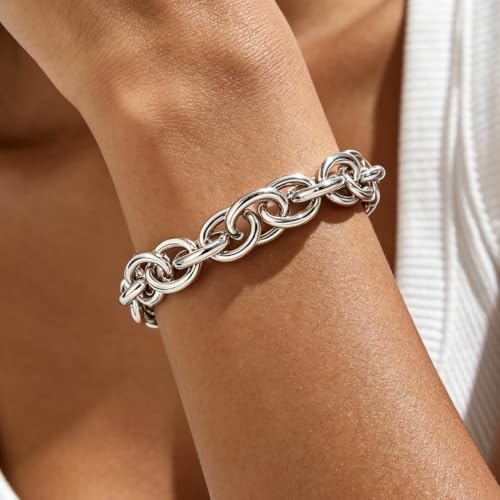 Chunky Gold Bracelet for Women Non Tarnish, Trendy Stretch Cuban Link Chain Plated Gold Bangle Bracelets - color: O-Small-Silver