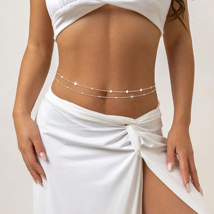2PCS Gold Silver Waist Chain Adjustable Layered Belly Chain Body Chain Jewelry for Women Sexy Bikini Beach Boho Pearl Beaded Cuban Satellite Waist Chains - style: 2PCS-SL-O-chain+Bead