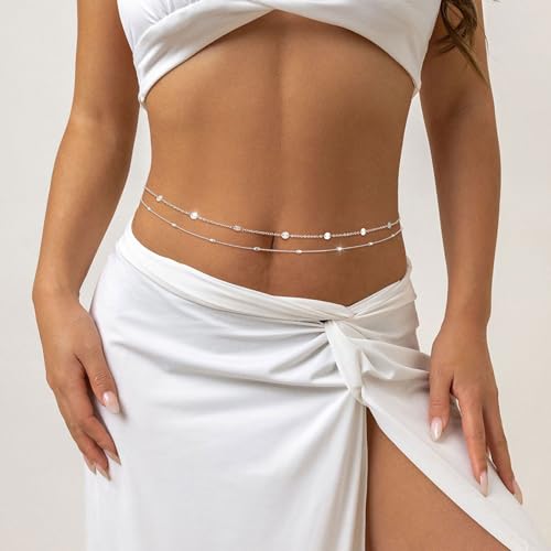 2PCS Gold Silver Waist Chain Adjustable Layered Belly Chain Body Chain Jewelry for Women Sexy Bikini Beach Boho Pearl Beaded Cuban Satellite Waist Chains - style: 2PCS-SL-O-chain+Bead