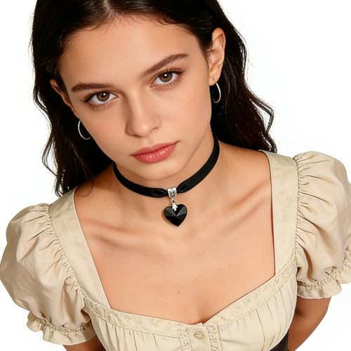 Black Choker for Women, Adjustable Layered Velvet Leather Lace Collar necklace, Goth necklace Gifts - color: Black Heart
