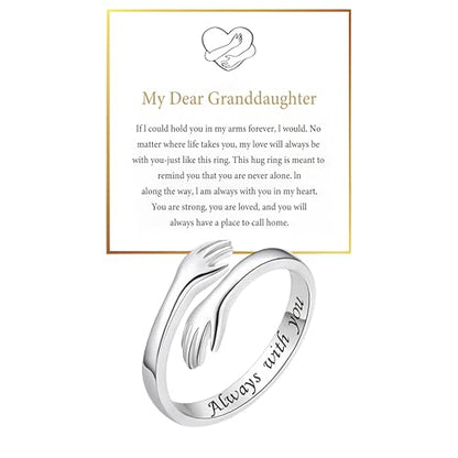Granddaughter Daughter Hug Ring For Hope Rings, Stainless Steel Inspirational Jewelry Engraved Always With You Love You Forever Message Adjustable Non Tarnish Jewelry Birthday Gift Card - color: Always(Dear)