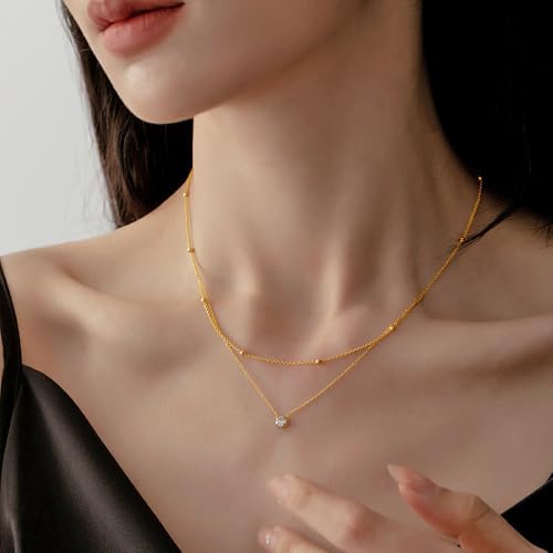 Double-Layer Cubic Zirconia Pendant Necklace For Women 18K Gold Plated Cubic Zirconia Necklaces Layered Wearing Gold Chains Dainty Chokers
