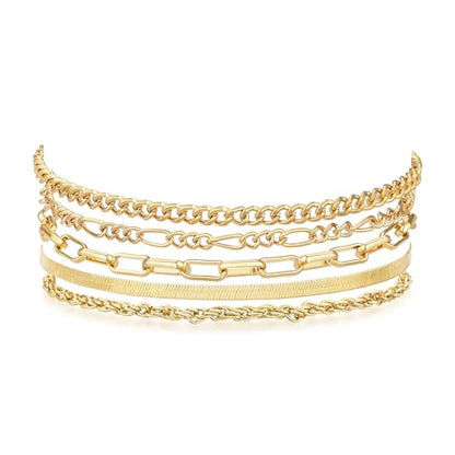 Bracelets for Women, Dainty Stackable Bracelet Stack Sets Tiny Box Chain Adjustable Bracelets Minimalist Cute Jewelry Paperclip Link Layered Waterproof Jewelry Sets Gifts - style: 5-PIECE PLAIN BAND