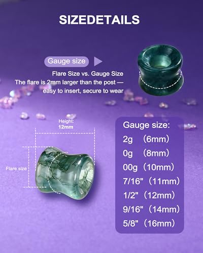 Jewseen 2g-5/8 Moss Agate Ear Gauges Plugs Real Natural Stone Double Flared Ear Tunnels Stretchers Gauges for Women Men Plugs Piercing Jewelry - size: 1/2''=12mm