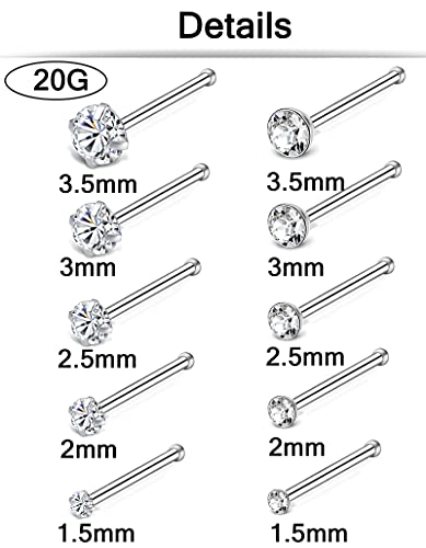 20G 10Pcs Stainless Steel L Screw Bone Shaped Nose Studs Rings Square Round CZ Nose Ring Labret Nose Piercing Jewelry for Men Women Silver Tone 1.5mm-2mm-2.5mm-3mm-3.5mm CZ - style: C:10Pcs,Bone Shaped