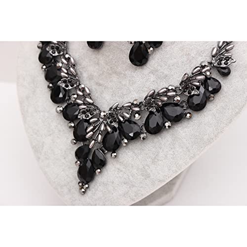 Jewelry Set for Women, Statement Necklace Dangle Earrings Bracelet Ring, White/KC Gold Plated Jewelry Set with Rhinestone Pearl Crystal Wedding Party Jewelry for Bridal Bridesmaid - color: All Black-Jet