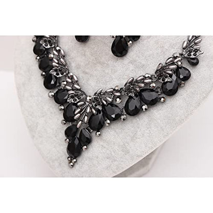 Jewelry Set for Women, Statement Necklace Dangle Earrings Bracelet Ring, White/KC Gold Plated Jewelry Set with Rhinestone Pearl Crystal Wedding Party Jewelry for Bridal Bridesmaid - color: All Black-Jet