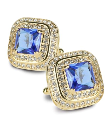 Square Colored Crystal Double Diamond Set Cufflinks - color: Royal/Gold