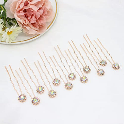 Ammei Crystal Bridal Hair Pins Clips Wedding Hair Accessories Hair Set Jewelry With Rhinestone For Brides and Bridesmaids Set Of 12 (AB Rose Gold) - color: AB Rose Gold