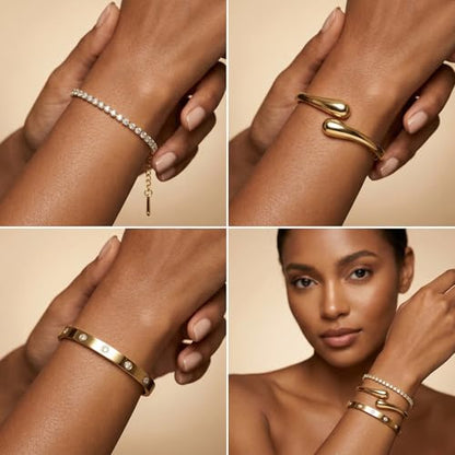Mothers Day Gifts for Mom 18K Gold-Plated Bracelet Set – Floral Clover, Tennis, Chunky Adjustable Twist Cuff, Classic Gold-plated Bangle Stainless Steel, Non Tarnish, Stackable Bracelet Gift for Women - style: YR gold 3pcs