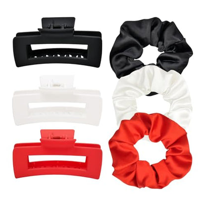 Hair Accessories Set for Women 6pcs – 3 Medium Hair Clips 3 Big Satin Scrunchies, Non-Slip Matte Hair Claw Clips, Back to School, Birthday Gift, Daily Use, Red/White/Black - color: Red/White/Black