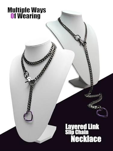 paloli Women's Slip Chain Rainbow Heart O-Ring Chunky Chain Necklace, Rays Cuban Long Layered Jewelry, Adjustable Lariat Y-Necklace Heart Loop Choker - color: F-Heart-Black-Purple