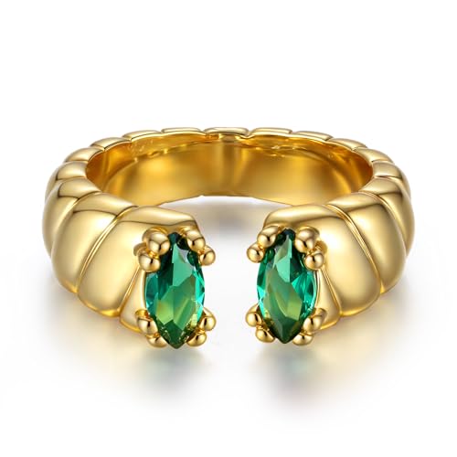 Chunky 18K Gold Adjustable Statement Ring for Women - Green Marquise Crystal Open Band, Vintage-Inspired Luxury Gift - color: Emerald