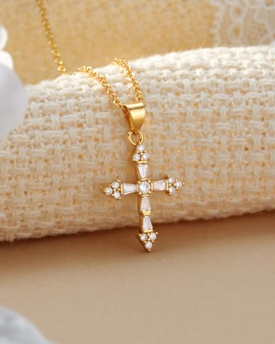 HGDEER God's Blessing Cross Necklace for Women Girls, Catholic Faith Gift | 14K Gold Plated, AAA+ Cubic Zirconia, No Rust No Fade, Gentle on Sensitive Skin, 18+2 in Adjustable Chain for Women Girls