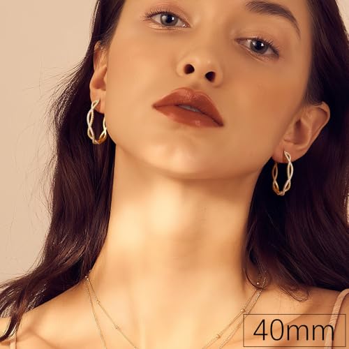 Gold Hoop Earrings for Women 14K Gold Earrings for Women | Twist CZ Gold Hoop Earrings 14K Gold Hoop Earrings Hypoallergenic Lightweight Gold Hoop Earrings for Women 20/25/30/40/50mm - size: 40MM