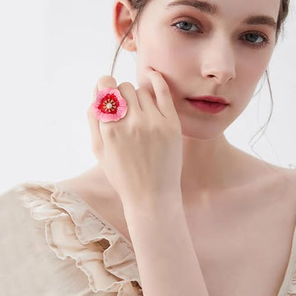 NewZenro Elegant Large Flower Statement Rings for Women Gold-Tone Plated Danity Enamel Faux Pearl Big Floral Adjustable Open Wrap Finger Rings Comfort Fit Wedding Promise Fashion Jewelry - color: Pink