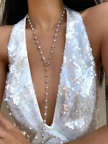 Colorful Crystal Long Necklace for Women Dainty Boho Y-Shaped Color Bead Necklaces Sparkly Rhinestone Pendant Layered Gold Long Chain Choker Good Luck Trend Jewelry Gift Jewelry - color: Pearl-Silver