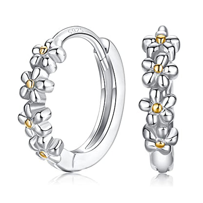 Sterling Silver Hoop Earrings for Women, Dainty Small Huggie Hoop Earrings | Hypoallergenic Daisy Color Cubic Zirconia Flower Hoops Earring Jewellery Gifts for Ladies Birthday Wedding, 12mm Hoop - color: Yellow-dot