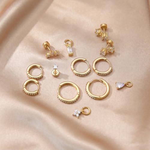 Stainless Steel Stud Earrings Set for Women Hypoallergenic Flat Back Cartilage Earrings Screw Back Huggie Hoop Earrings Multiple Piercing Cubic Zirconia Helix Tragus Jewelry - color: Set-E-14K Gold Plated
