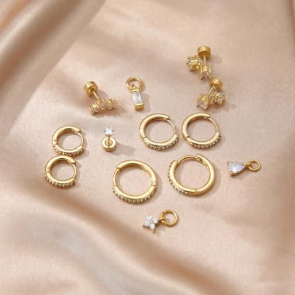 Stainless Steel Stud Earrings Set for Women Hypoallergenic Flat Back Cartilage Earrings Screw Back Huggie Hoop Earrings Multiple Piercing Cubic Zirconia Helix Tragus Jewelry - color: Set-E-14K Gold Plated