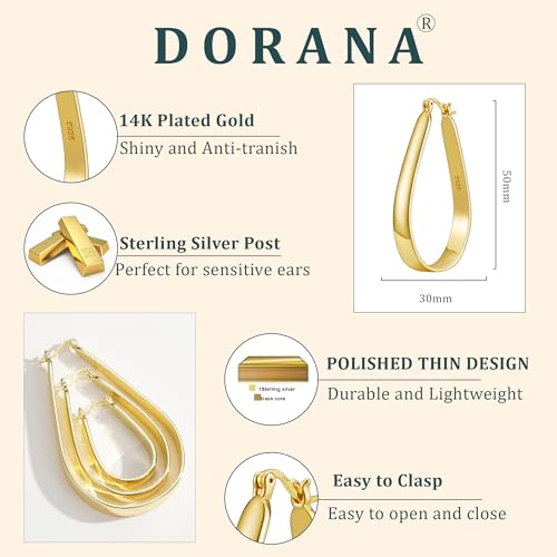 Sterling Silver Hoop Earrings for Women Large Oval Hoop Earrings Lightweight Big Gold Hoops Earrings Hypoallergenic 14K Gold Plated Hoops Earrings Non Tarnish Jewelry Gifts 20/30/40mm - color: Gold-30*50mm