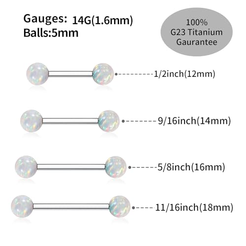 Opal Nipple Rings G23 Titanium Nipple Jewelry for Women Bridge Rings | 14G Nipple Piercings,Internally Threaded Nipple Barbells,1 Pair Tongue Rings,Nipple Bars,Straight Barbells 12mm-18mm - color: Styele2:White Opal,Silver, size: 14G+5/8"(16mm)