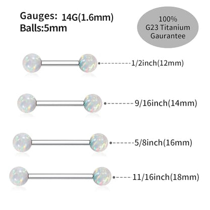 Opal Nipple Rings G23 Titanium Nipple Jewelry for Women Bridge Rings | 14G Nipple Piercings,Internally Threaded Nipple Barbells,1 Pair Tongue Rings,Nipple Bars,Straight Barbells 12mm-18mm - color: Styele2:White Opal,Silver, size: 14G+11/16"(18mm)