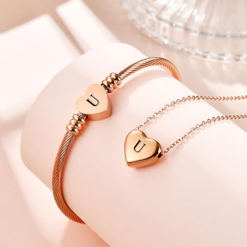 MYNENEY Necklace and Bracelet for Women Stainless Steel Initial Jewelry Set - color: Rose Gold-U