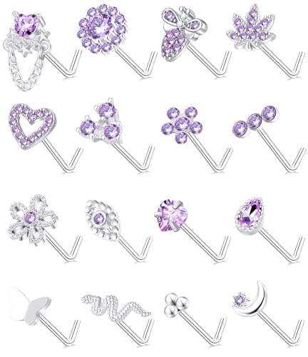 Tornito 16Pcs Nose Stud Rings L Screw Shaped Nose Ring Flower Snake Butterfly Heart Eye CZ Dangle Nose Rings Stud Body Piercing Jewelry for Women Men 20G Silver Pink Tone - color: F:Purple CZ(L Shaped)
