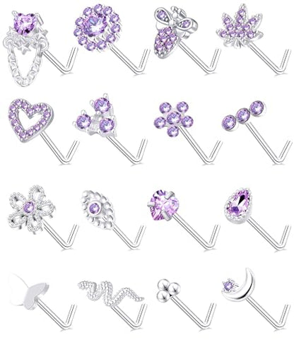 Tornito 16Pcs Nose Stud Rings L Screw Shaped Nose Ring Flower Snake Butterfly Heart Eye CZ Dangle Nose Rings Stud Body Piercing Jewelry for Women Men 20G Silver Pink Tone - color: F:Purple CZ(L Shaped)