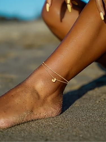 FOCALOOK Initial Anklet Bracelet for Women, 14K Gold Plated Anklets Layer Letter Ankle Chain Non Tarnish, 8.5"+2" Adjustable Large Ankle Summer Beach Foot Jewelry - color: Gold-D