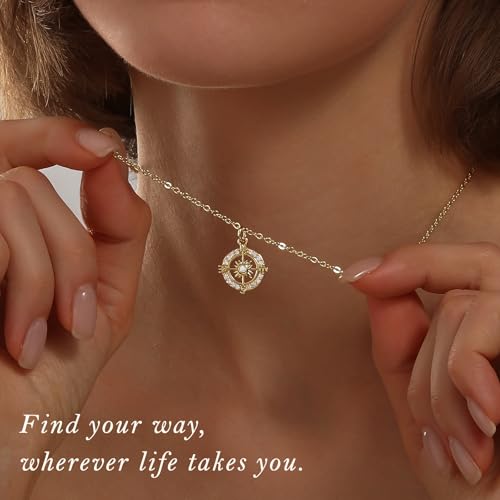 Gold Silver Necklace for Women, Dainty Cubic Zirconia Pendant | Teardrop CZ Charm, 14K Gold/Sterling Silver Plated, Adjustable Chain, Hypoallergenic & Waterproof Jewelry, Cute Trendy Gift - color: Gold-CZ compass/cable chain
