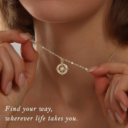 Gold Silver Necklace for Women, Dainty Cubic Zirconia Pendant | Teardrop CZ Charm, 14K Gold/Sterling Silver Plated, Adjustable Chain, Hypoallergenic & Waterproof Jewelry, Cute Trendy Gift - color: Gold-CZ compass/cable chain