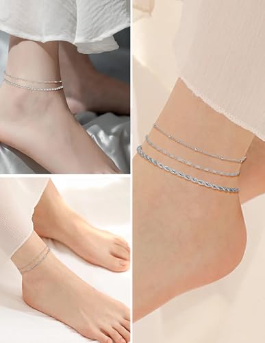 6PCS Ankle Bracelets for Women18K Gold Plated Stainless Steel Waterproof Layered Herringbone Figaro Bead Paperclip Rope Tennis Box Cuban Link Rolo Satellite Chain Anklets Set Gold Tone - style: D:Silver2