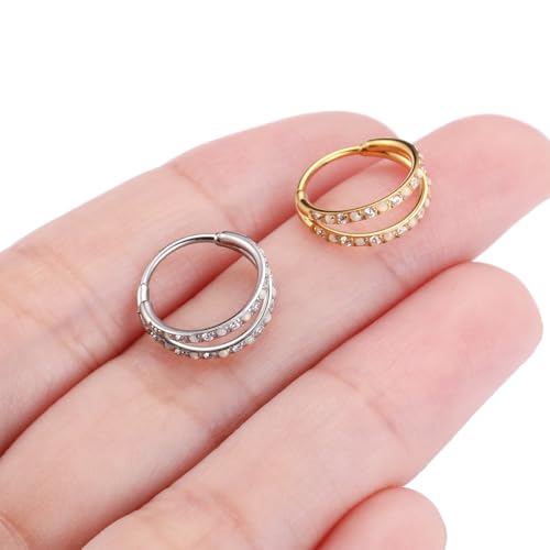 GAGABODY Conch Piercing Double Open Stack with CZ 16 Gauge Hoop Earrings 18g Septum Jewelry 20g Septum Ring Daith Earrings 316L Surgical Steel Lip Rings Helix Rook Cartilage Earrings Hoop - color: Style12:Gold+Double Hoop OPAL&CZ