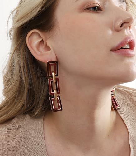 Ozel - Natural Wooden Acrylic Boho Drop Dangle Earrings for Women - Geometric Statement Jewellery - Brown, Black, Magent Red, Olive Green, White beige - color: 3Square_Magenta