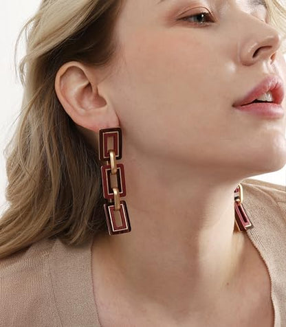 Ozel - Natural Wooden Acrylic Boho Drop Dangle Earrings for Women - Geometric Statement Jewellery - Brown, Black, Magent Red, Olive Green, White beige - color: 3Square_Magenta