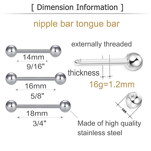 MODRSA 14g 16g Nipple Rings Tongue Rings 14 Gauge Surgical Steel Nipple Bar Barbell 14mm 16mm 18mm Silver Rose Gold Black Tongue Piercing Jewelry for Women Men - color: A12 - Mix Color - 16g mix lengths