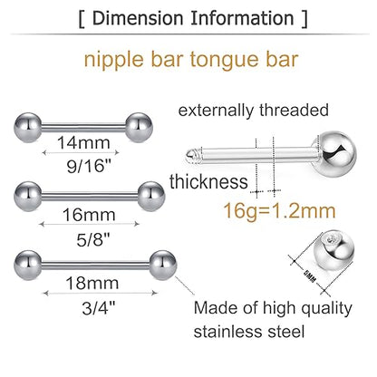 MODRSA 14g 16g Nipple Rings Tongue Rings 14 Gauge Surgical Steel Nipple Bar Barbell 14mm 16mm 18mm Silver Rose Gold Black Tongue Piercing Jewelry for Women Men - color: A12 - Mix Color - 16g mix lengths